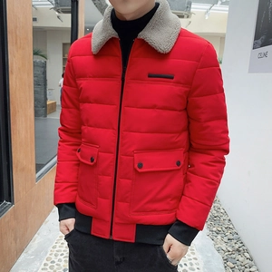 Men's red quilted puffer jacket with a light grey sherpa collar and black ribbed trim