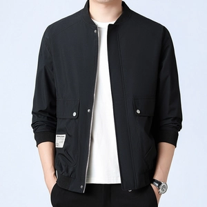 Men's Casual Workwear Jacket Stand Collar Ribbed Trim Polyester Solid Color Bomber Coat With Large Flap Pockets Fashion Outerwear