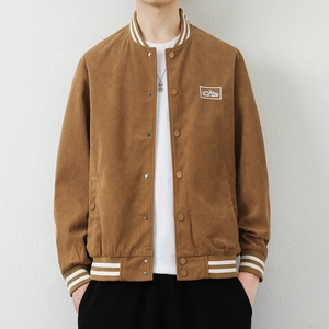Men's brown corduroy baseball jacket with striped ribbing and embroidered patches