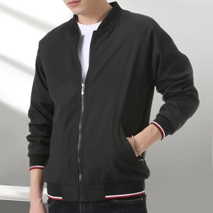Men's black fleece-lined bomber jacket with striped rib-knit cuffs and baseball collar