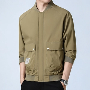 Men's khaki green pilot bomber jacket with utility pockets and rib-knit trim