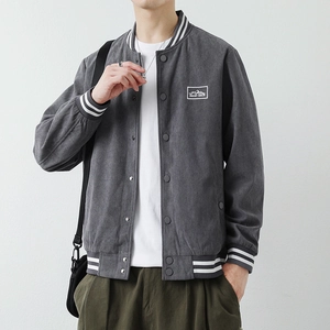 Men's dark gray corduroy baseball jacket with striped ribbing and chest patch