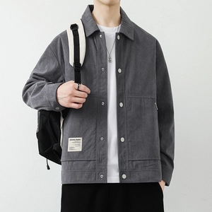 Men's grey corduroy baseball jacket with lapel collar and snap buttons for 2025
