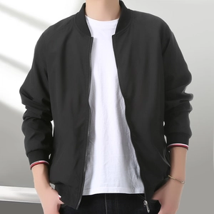 Men's black baseball collar jacket with fleece lining and striped cuffs for autumn winter