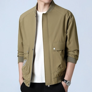 Men's olive baseball collar jacket with cargo pockets and silver buttons on gray background