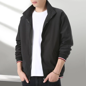 Men's thermal fleece baseball jacket in black with red and white striped ribbed trim