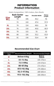 Detailed size chart for men cotton long sleeve plaid shirt showing measurements M to 5XL