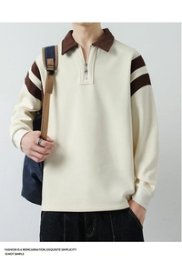 Detail of men's polo sweatshirt with half-zip collar and stylish sleeve stripes