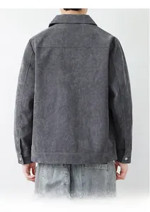 Back view of men's grey corduroy jacket showing detailed vertical ribbed fabric texture