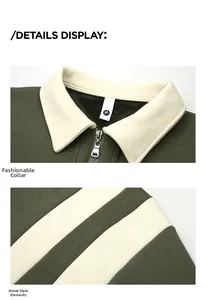 Detail view of the green sweatshirt showing contrast collar zipper and stripe fabric texture