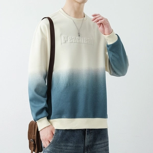Men's casual gradient blue and white sweatshirt with embossed chest lettering and crew neck