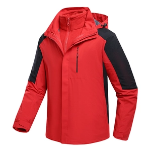Three-in-one waterproof red outdoor jacket with warm fleece liner and hooded design