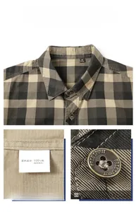 Close-up of cotton plaid shirt collar and vintage metal buttons with fine stitching