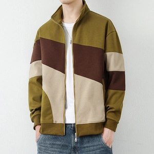 Men's standing collar zip-up hoodie featuring an asymmetric color-block patchwork design