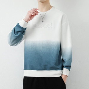 Men's casual round neck sweatshirt featuring a stylish white-cyan gradient and embossed logo