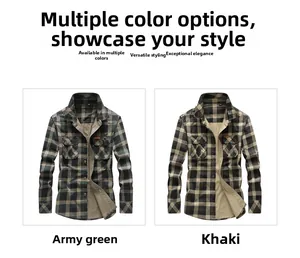 Detailed view of plaid cotton shirts featuring functional chest pockets in khaki and army green