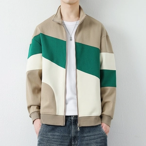 Men's color block stand collar zip-up sweatshirt in khaki and green with rib knit trim