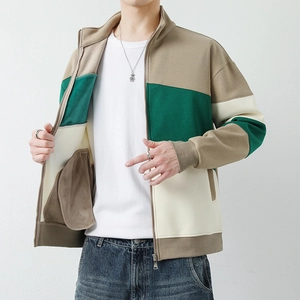 Men's color block stand collar zip-up jacket in beige and green streetwear style