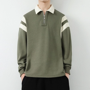 Men Vintage Casual Half Zipper Polo Sweatshirt Long Sleeve Contrast Stripe Pullover Loose Cotton Blend Autumn Fashion Top