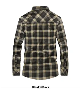 Back view of classic khaki plaid long-sleeved cotton flannel shirt for men in casual style