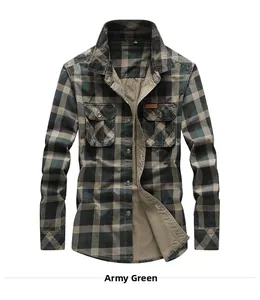 Detail shot of the army green plaid cotton shirt featuring double chest pockets