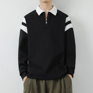 Men's loose long sleeve polo shirt with black and white stripes and half zipper closure