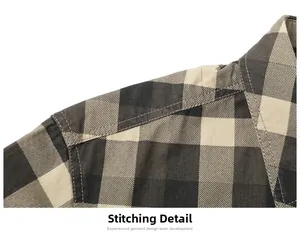 Detail of reinforced shoulder seams and classic plaid pattern on cotton shirt