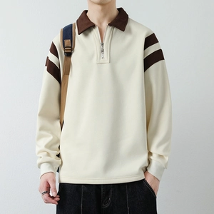 Men's quarter-zip polo sweatshirt in waffle knit with striped sleeves and ribbed cuffs