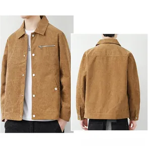 Detail view of khaki corduroy jacket with chest zip pocket and metal button closure