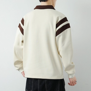 Men's retro polo sweatshirt in cream with brown collar and sleeve stripe accents