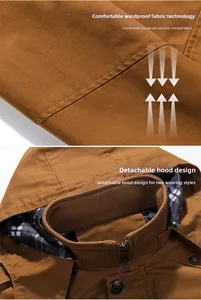 Detail of men's slim fit jacket with windproof fabric and detachable hooded collar