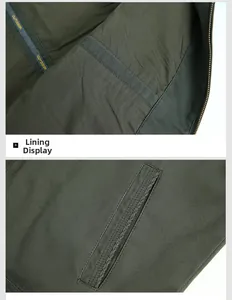 Détail de veste outdoor vert foncé montrant la doublure et la poche zippée verticale
