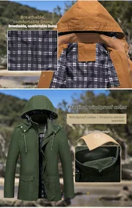 Detail showing windproof high collar and plaid lining of men's hooded cotton jacket