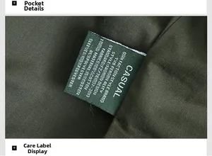 Détail de la doublure intérieure de la veste en coton et de l'étiquette de lavage