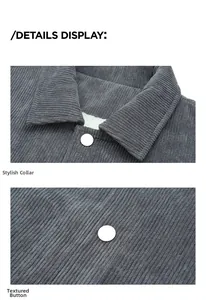 Detail view of corduroy jacket with white faux shearling lining and button closure