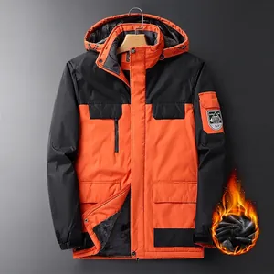 Men's outdoor hooded jacket in orange and black with fleece lining for winter warmth