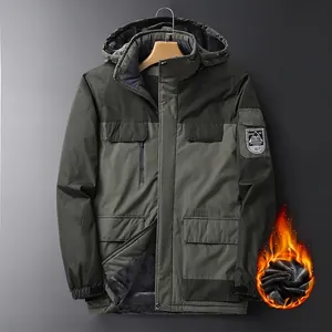 Men's outdoor hooded fleece jacket in olive green patchwork with windproof thermal design