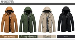 Detailed view of hooded men's jackets in four colors with plaid lining and multiple pockets