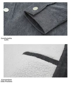 Detail of corduroy jacket featuring fleece lining, metal snap cuffs and side pockets