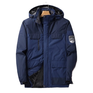 Men's navy blue winter outdoor jacket with fleece lining and waterproof hooded design