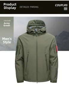 Détails de la veste tactique softshell vert armée avec fermetures éclair et poignets velcro