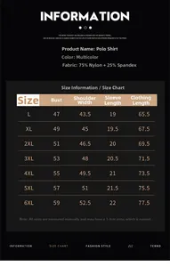 Tableau des tailles du polo en soie glacée à séchage rapide, mesures détaillées de L à 6XL