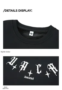 Detail of ribbed neckline with M-size label and gothic V A E R print on black sweatshirt