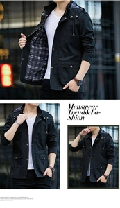 Detail of hooded black windbreaker featuring stylish black and white checkered lining