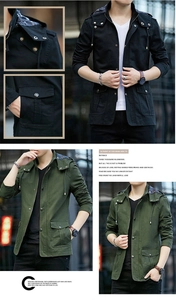 Detail of hooded jacket showing classic plaid lining and cargo pocket features