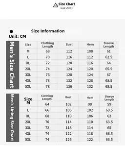 Tableau des tailles détaillé pour la veste d'extérieur 3 en 1 et sa doublure amovible