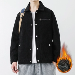 Men's black corduroy jacket with fleece lining and metal zipper pocket for autumn