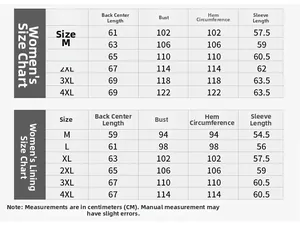 Tableau des tailles détaillé pour veste 3-en-1 femme imperméable avec doublure