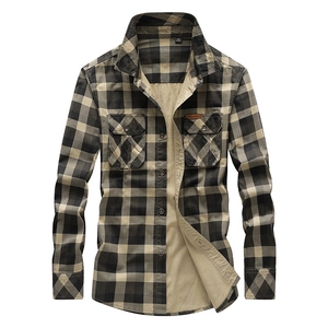 Men's plaid long sleeve shirt in dark brown and khaki cotton flannel with chest pockets