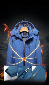 Detailed views of waterproof blue ski jacket featuring fleece lining and adjustable cuffs